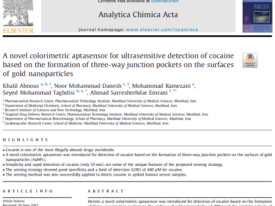 A novel colorimetric aptasensor for ultrasensitive detection of cocaine based on the formation of three-way junction pockets on the surfaces of gold nanoparticles